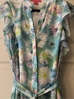 Catherine Malandrino Pastel Floral Midi Dress in Aqua, Pink, Green